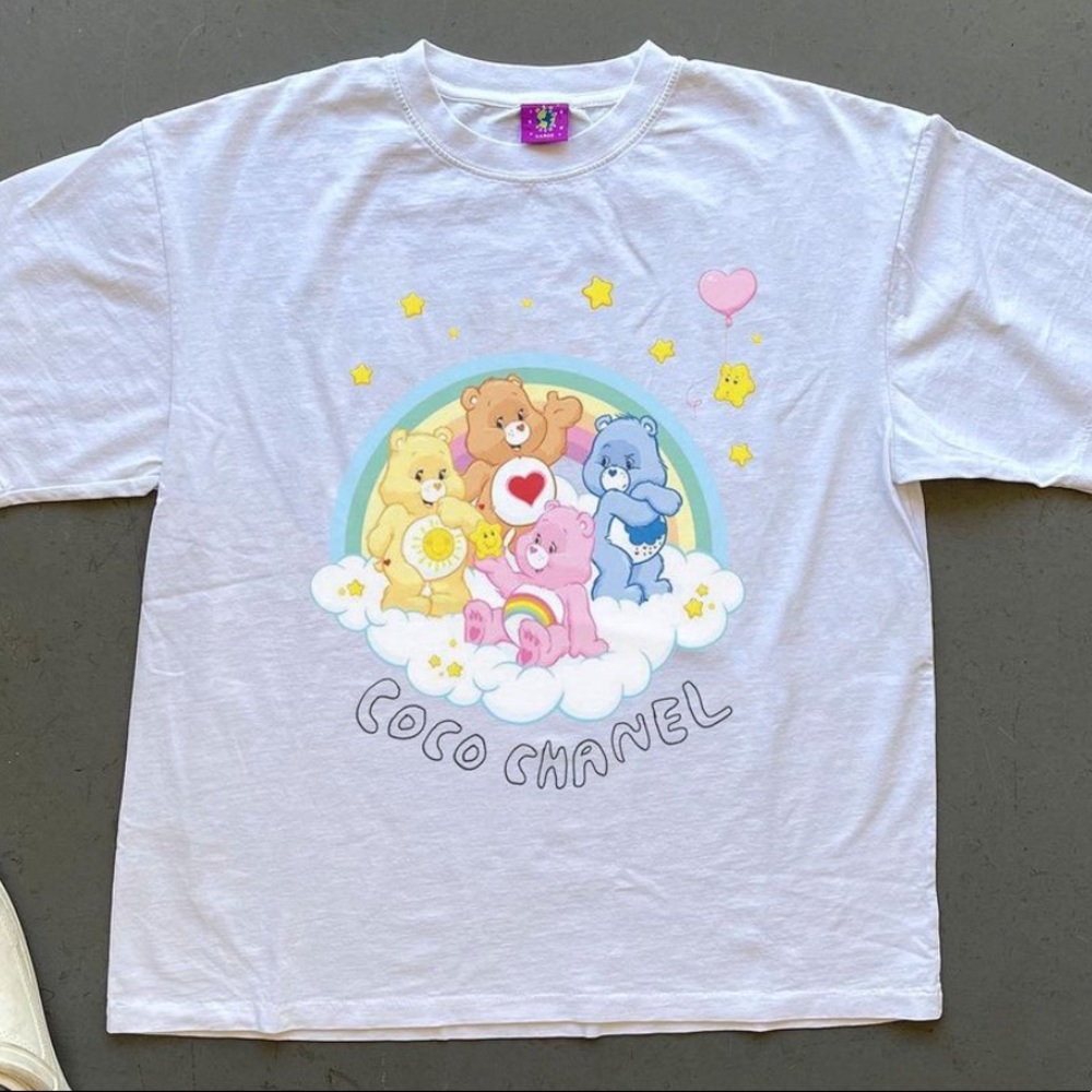 White Graphic Tee with Bear Design